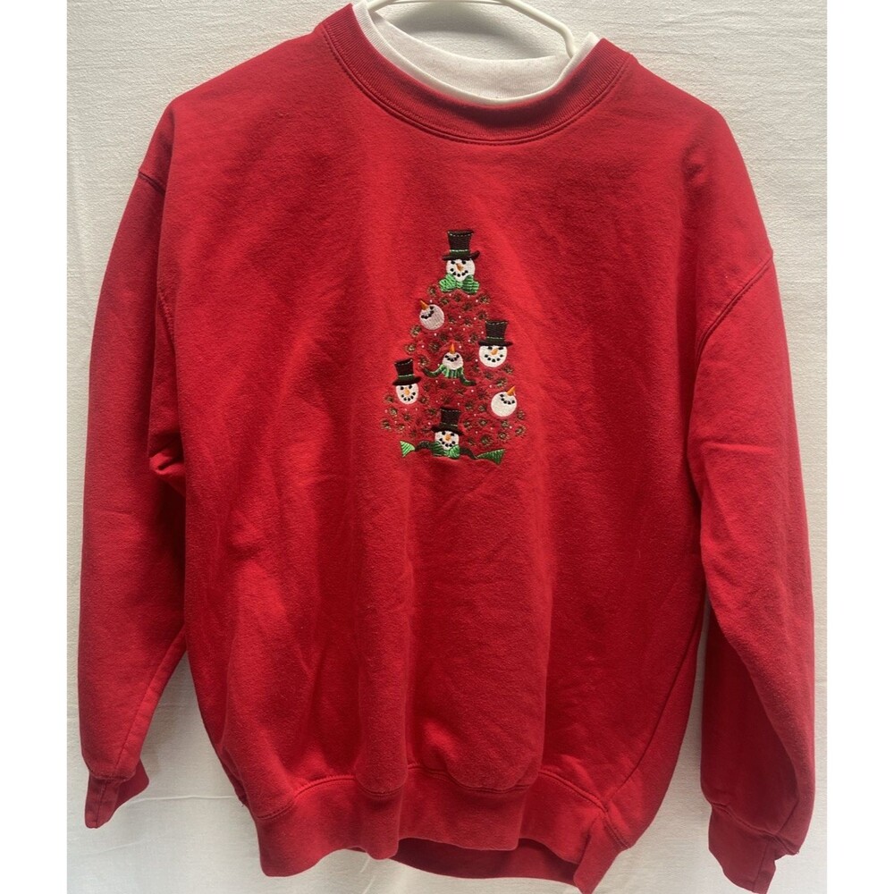 M & C Christmas Sweater Sweatshirt Red Embroidered Snowman Tree Medium Holiday